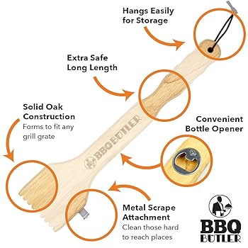 BBQ Butler Oak Grill Scraper with Metal Hook, Bottle Opener